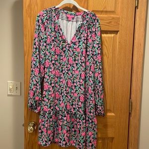 Sz L Lilly Pulitzer Navy and Pink Floral Drip Waist Dress